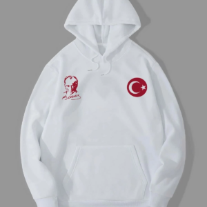 10 Kasıma Özel Üç İplik Kapüşonlu Baskılı SweatShirt - Beyaz