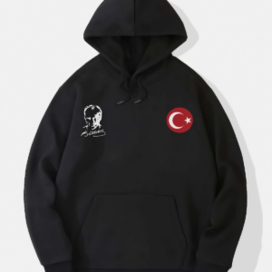 10 Kasıma Özel Üç İplik Kapüşonlu Baskılı SweatShirt - Siyah