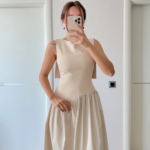 Krep Arkası Kanat Arka Ön Pens Detaylı Uzun Kadın Elbise - Bej