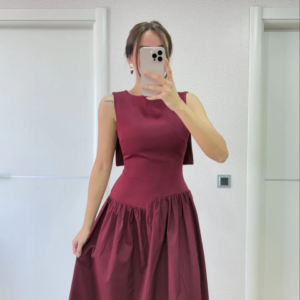 Krep Arkası Kanat Arka Ön Pens Detaylı Uzun Kadın Elbise - Bordo