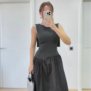 Krep Arkası Kanat Arka Ön Pens Detaylı Uzun Kadın Elbise - Siyah