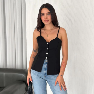 Askılı Dekolte deraylı bluz crop - Siyah