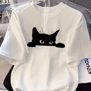 Kadınlar için Siyah Kedi Grafik Tişört - Oversize Kısa Kollu Üst Nefes Alabilir - Beyaz
