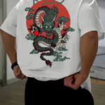 Erkek Penye Compack  Ejder Baskılı Oversize Bisiklet Yaka T-shirt - Beyaz