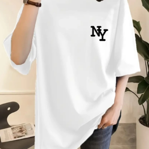 Kadın Eğlenceli Harf NY Baskılı Bisiklet Yaka Tişört - Polyester Makinede - Beyaz