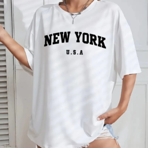 Kadın Penye CompackNew York Baskılı Oversize Kısa Kol Bisiklet Yaka T-shirt - Beyaz