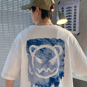 Erkek Bisiklet Yaka Kore sevimli ayı baskı Kısa Kol Erkek - Beyaz