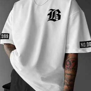 LB Baskılı Ön Arka Oversize Bisiklet Yaka Kısa Kol - Beyaz