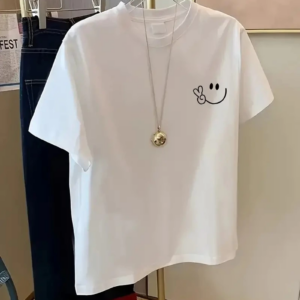 Kadın Bisiklet yaka Gülücük Baskılı Oversize Kısa Kol Yazlık T-shirt - Beyaz