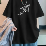 Kadın Penye Compack Uçak Baskılı Bisiklet Yaka Kısa Kol T-shirt - Siyah