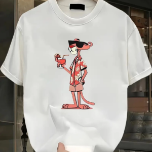 Pembe Panter Baskılı Erkek Oversize Kısa Kollu Tişört İlkbahar ve Yaz için - Beyaz