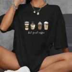 Kadın Penye Compack Baskılı Kahve Desenli Kadın Kısa Kol Yazlık T-shirt - Siyah