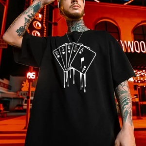 erkek büyük beden Kart baskılı düz renk kısa kollu bisiklet yaka tişört gündelik giyim - Siyah