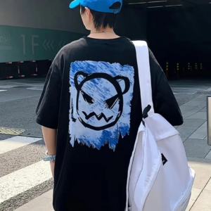 ERKEK Penye Compack Bisiklet Yaka Kore tarzı sevimli ayı baskı Kısa Kol Erkek t-shirt - Siyah