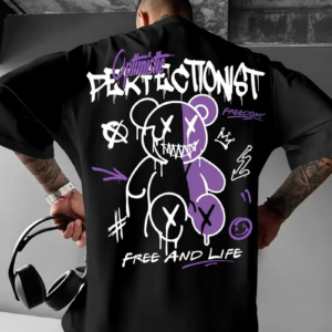 Erkek OversizeGrafik Tişört "CAMPBRASTCOOPERATION" Kalın Yazı Bisiklet Yaka Kısa - Siyah