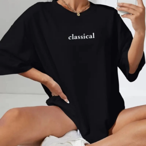 Kadın Penye Compack Classical Baskılı Siyah Oversize Tişort - Siyah