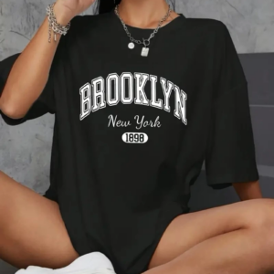 Kadın Brooklyn Harf Baskılı  T-shirt, Rahat Kısa Kollu Bol T-shirt, Kadın Giyim - Siyah