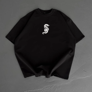 Baskılı Oversize Bisiklet Yaka - Siyah