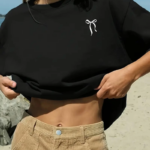 Kadın fiyonk baskılı siyah oversize Kısa Kol t-shirt- Siyah