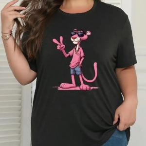 Kadın  Pembe Panter Baskılı Bisiklet Yaka Kısa Kol Yazlık T-shirt - Beyaz