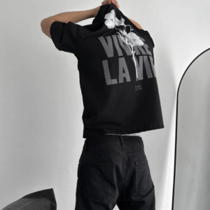 ERKEK Baskılı Oversize Bisiklet Yaka T-shirt - Siyah