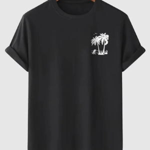 Erkek Penye Compack Palmiye Ön Baskılı Bisiklet Yaka Kısa Kol Yazlık T-shirt - Siyah