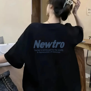 Newtro Baskılı Oversize Bisiklet Yaka T-shirt - Siyah