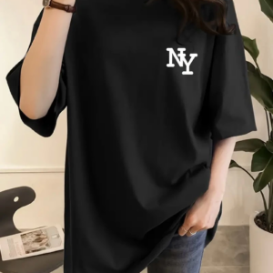 Kadın Eğlenceli Harf NY Baskılı Bisiklet Yaka Tişört - Polyester Makinede - Siyah