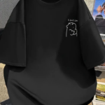 [ ] Hafif Kadın | Bol Kesim Kısa Kollu Yuvarlak Yaka Eğlenceli Karikatür Ayı ve - Siyah