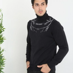 Baskılı Tam Boğazlı Uzun Kol Dokuma Triko - Siyah