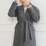 Beli Kuşaklı Yünlü Dokuma Kaşmir Kaban - Gri