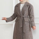 Beli Kuşaklı Yünlü Dokuma Kaşmir Kaban - Vizon