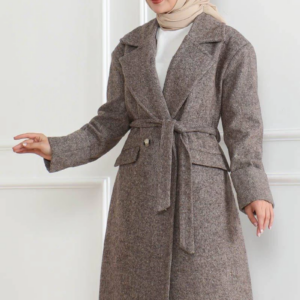 Beli Kuşaklı Yünlü Dokuma Kaşmir Kaban - Vizon