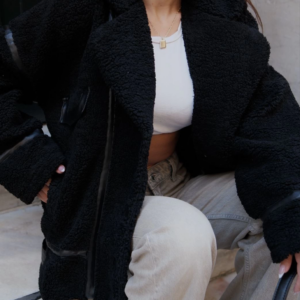 Cıt Cıt Detaylı Peluş Mont Ceket - Siyah