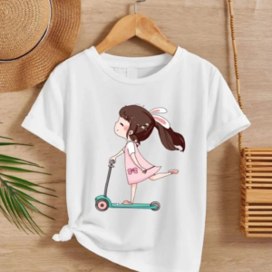 Kız Çocuk Bisiklet Yaka Baskılı - Beyaz