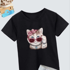 Kız Çocuk Bisiklet Yaka Baskılı T-Shirt - Siyah