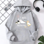 Çocuk Unisex Kapüşonlu Kedicik Baskılı Pamuklu Sweatshirt - Gri