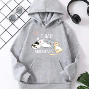 Çocuk Unisex Kapüşonlu Kedicik Baskılı Pamuklu Sweatshirt - Gri