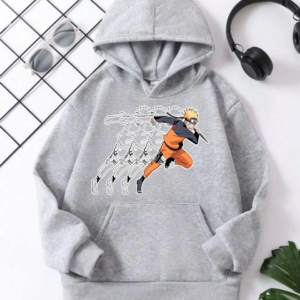 Çocuk Unisex Kapüşonlu Naruto Baskılı Pamuklu Sweatshirt - Gri