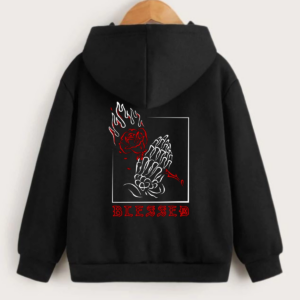 Çocuk Unisex Kapüşonlu Ön ve Arka Blessed Baskılı Sweatshirt - Siyah