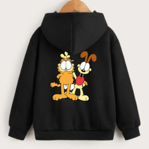 Çocuk Unisex Kapüşonlu Ön ve Arka Garfield Baskılı Sweatshirt - Siyah