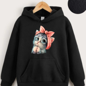 Çocuk Unisex Kapüşonlu Tatlı Kedi Baskılı Sweatshirt - Siyah