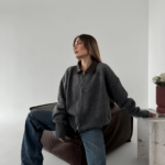 Deri Yakalı Pamuk dokulu Çift Taraflı Çalışan Fermuar Ceket - Füme