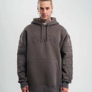 Erkek Nakış İşlemeli Kapşonlu Antrasit Sweatshirt Üç İplik Double Oversize- Füme