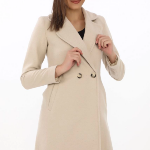 Kadın Kaşe Kaban Siyah Yünlü Dokuma Kruvaze Yaka Astarlı Cepli Kuşaklı Uzun Boy - Bej