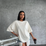 kadın  Düz Biskilet Yaka Oversize T-shirt - Beyaz