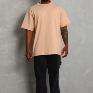 ERKEK Oversize Düz Bisiklet Yaka T-Shirt - Bej