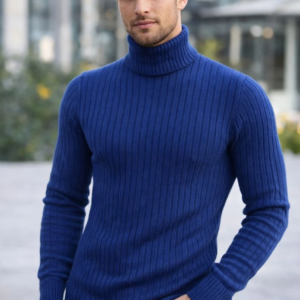 Erkek Balıkcı Yaka Bağazlı Triko Kazak Pamuklu Kalın Fitilli Dokuma Regular Fit - İndigo