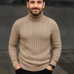 Erkek Balıkcı Yaka Bağazlı Triko Kazak Pamuklu Kalın Fitilli Dokuma Regular Fit Uzun - Bej