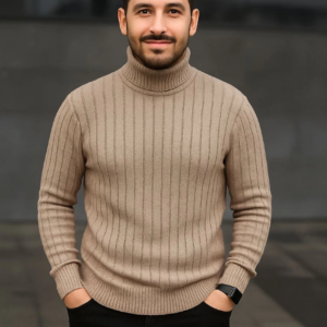 Erkek Balıkcı Yaka Bağazlı Triko Kazak Pamuklu Kalın Fitilli Dokuma Regular Fit Uzun - Bej